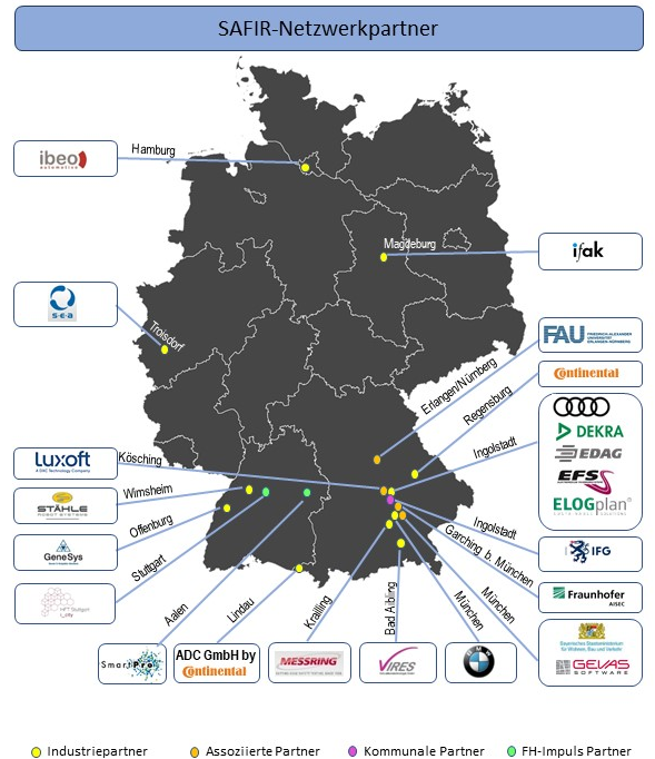  Illustration of a map of Germany with the partner logos and marking of the respective partner locations