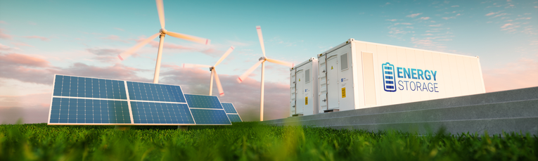 [Translate to English:] Grafische Darstellung Photovoltaik, Windräder, Energiespeicher