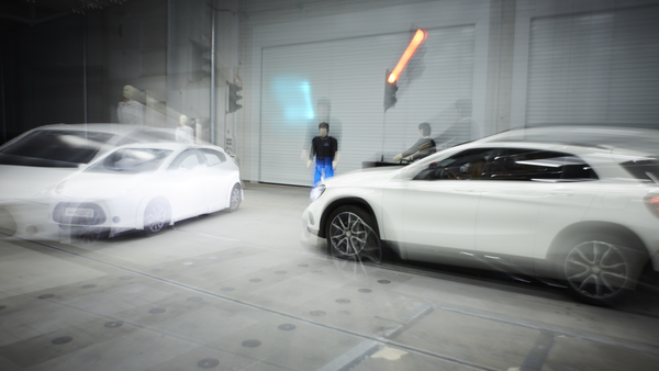 Driving test with soft crash and pedestrian dummy at the CARISSMA Research and Test Centre of Technische Hochschule Ingolstadt.